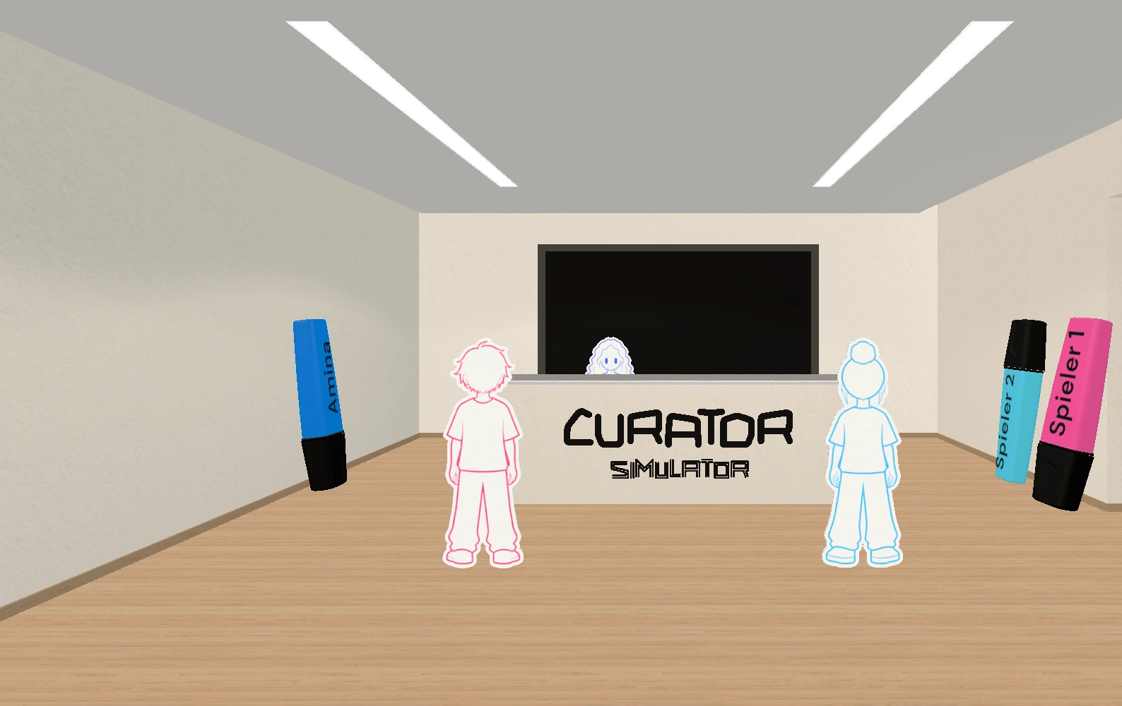 Der Desk-Raum mit Empfangstheke, Bildschirm und farbigen Figuren in Curator Simulator